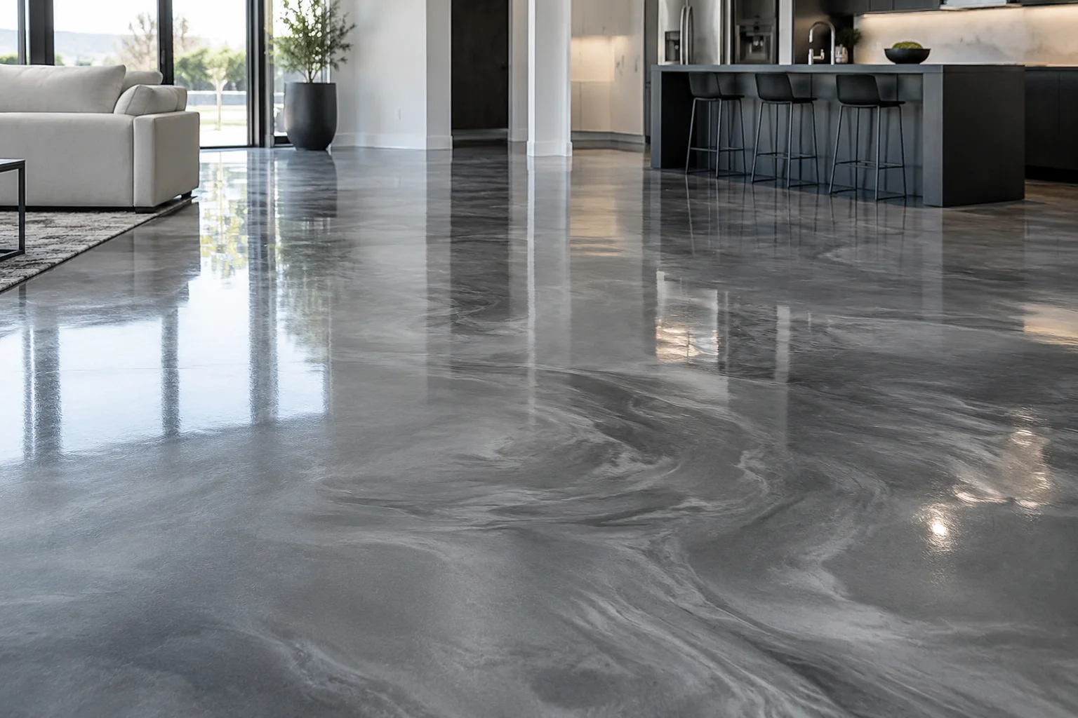 Flowing silver metallic floor